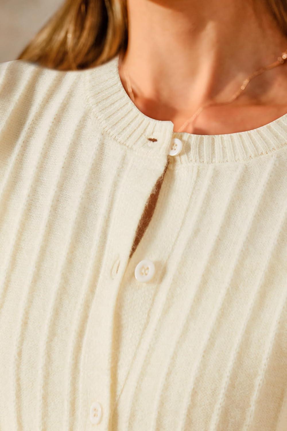 imageArachampampCloz Womens Wool Blend Puff Sleeve Fall Cable Knit Cardigan Sweaters 2025Beige