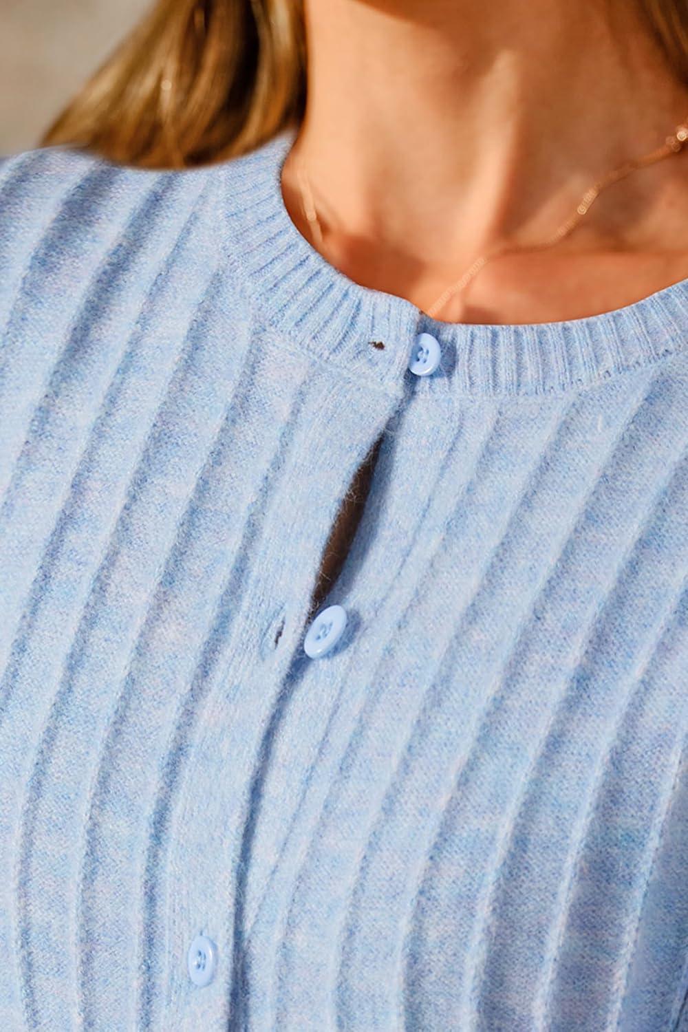 imageArachampampCloz Womens Wool Blend Puff Sleeve Fall Cable Knit Cardigan Sweaters 2025Blue