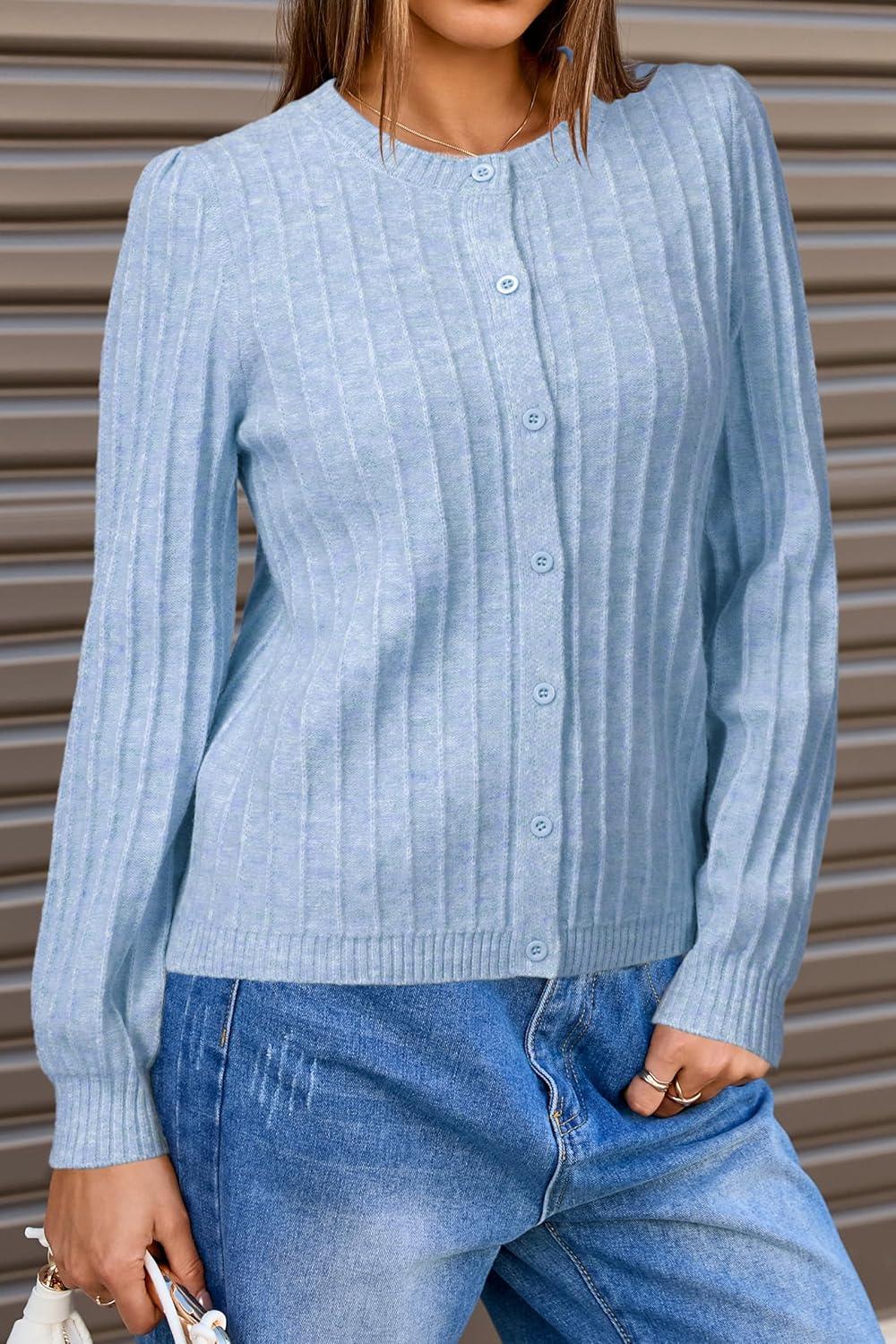 imageArachampampCloz Womens Wool Blend Puff Sleeve Fall Cable Knit Cardigan Sweaters 2025Blue