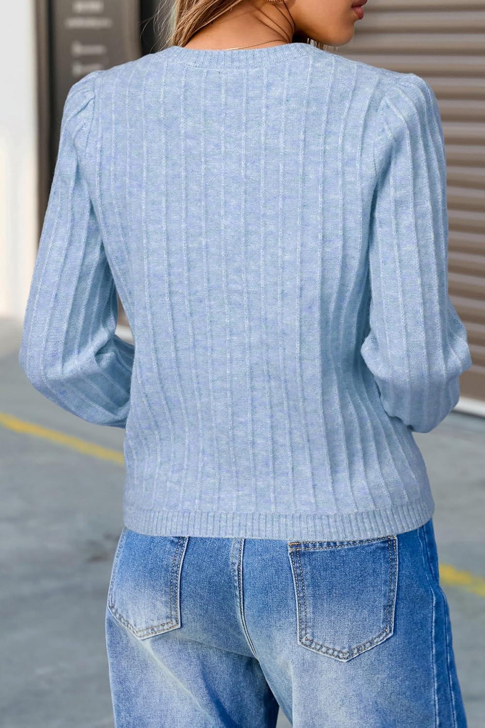 imageArachampampCloz Womens Wool Blend Puff Sleeve Fall Cable Knit Cardigan Sweaters 2025Blue