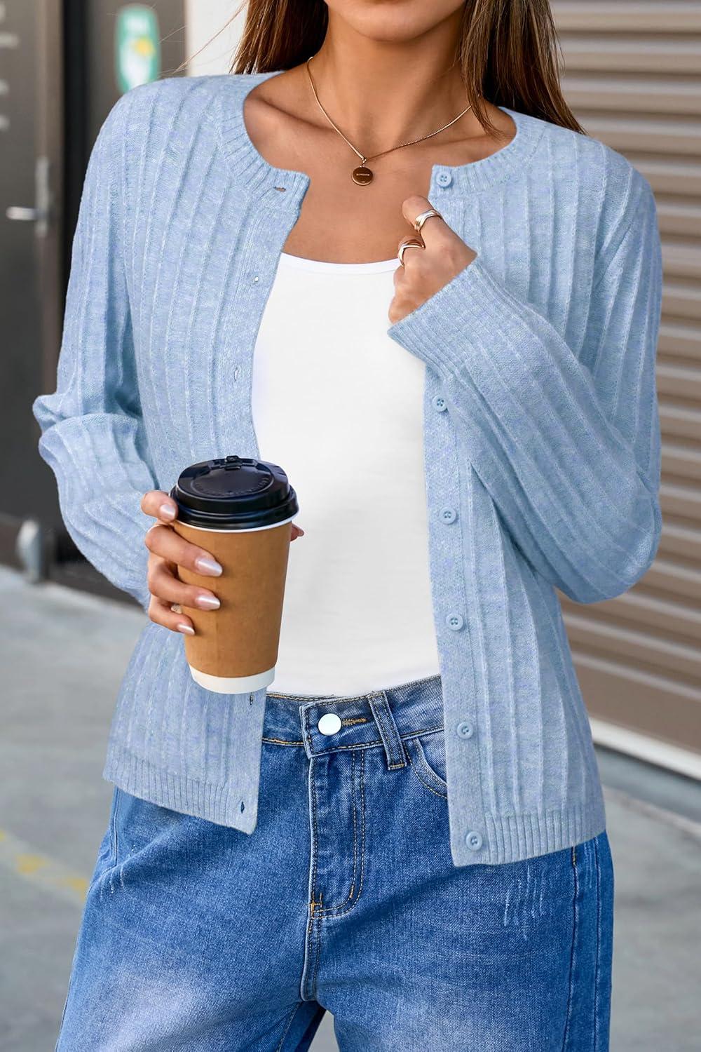 imageArachampampCloz Womens Wool Blend Puff Sleeve Fall Cable Knit Cardigan Sweaters 2025Blue