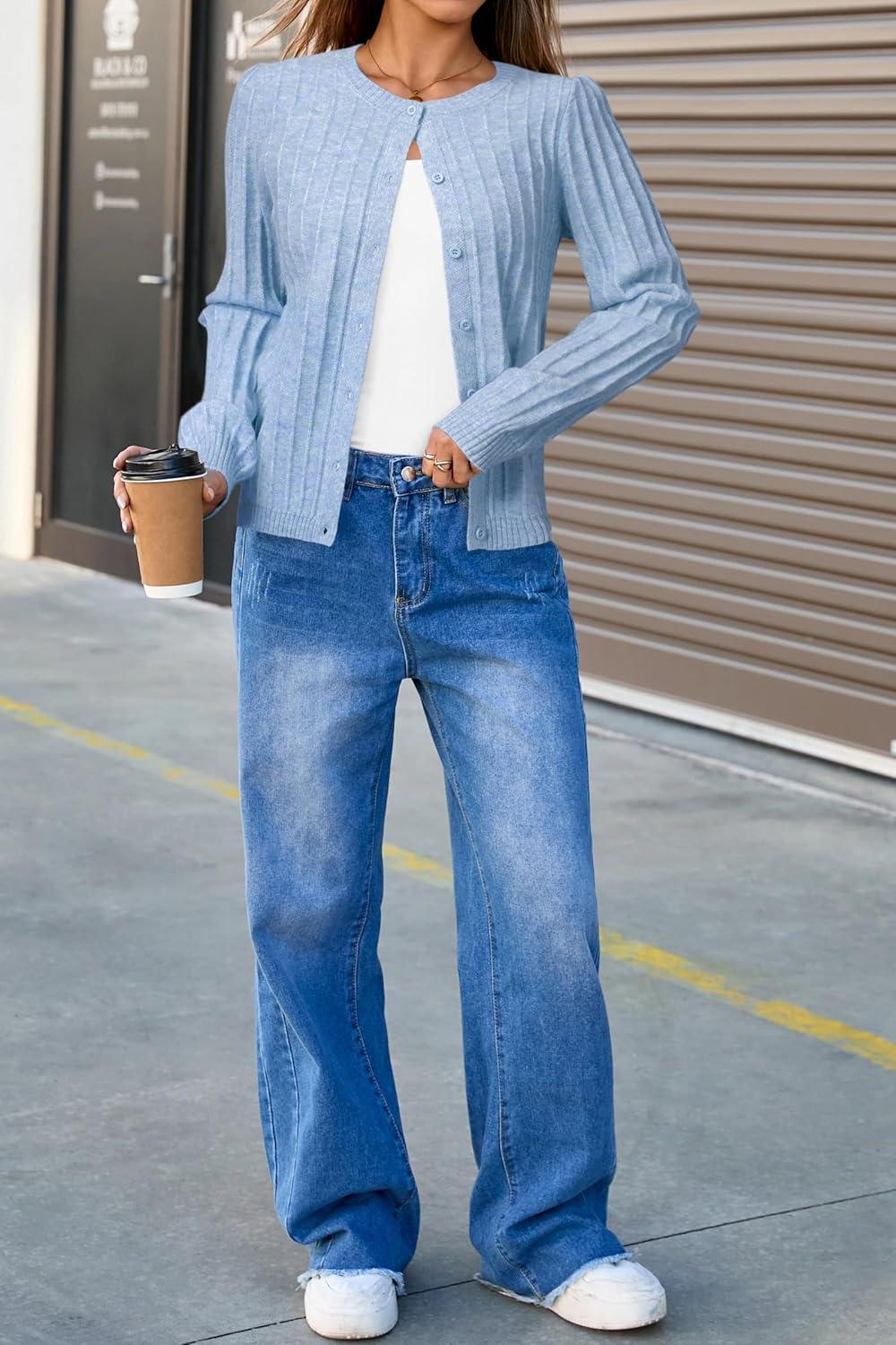 imageArachampampCloz Womens Wool Blend Puff Sleeve Fall Cable Knit Cardigan Sweaters 2025Blue