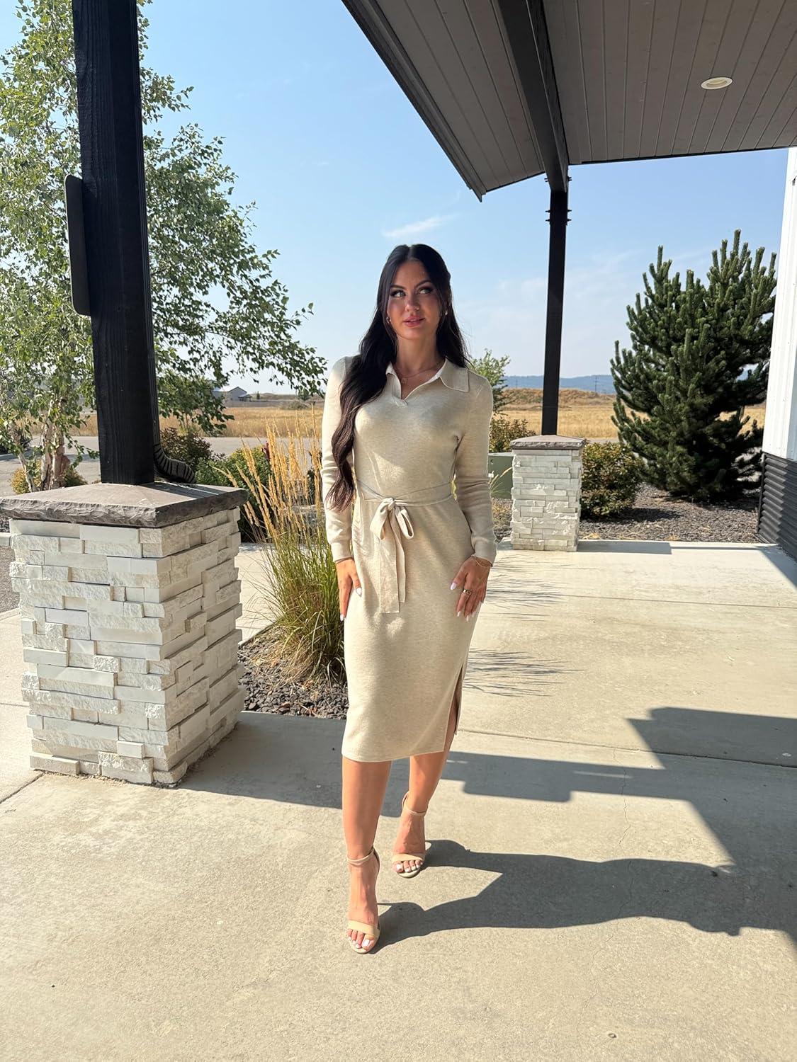 imageArachampampCloz Womens Wool Blend Side Slit Polo Sweater Dresses 2025 Fall Business Casual OutfitsApricot