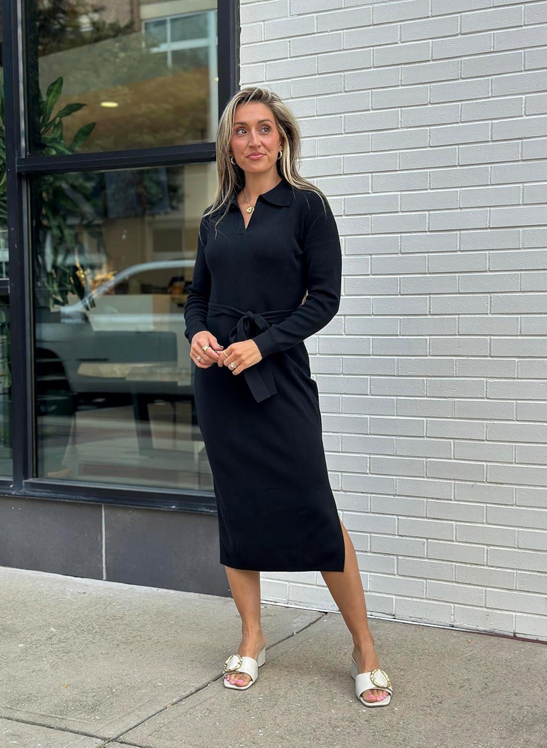 imageArachampampCloz Womens Wool Blend Side Slit Polo Sweater Dresses 2025 Fall Business Casual OutfitsBlack