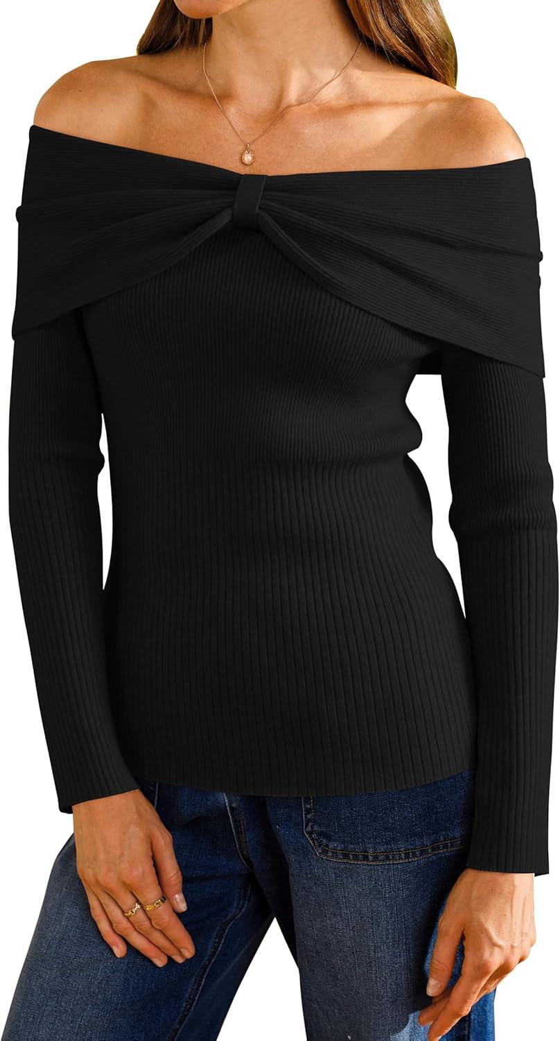 imageArachampampCloz Womens Wool Blend Slim Fit Off The Shoulder Fall Sweater 2025Black