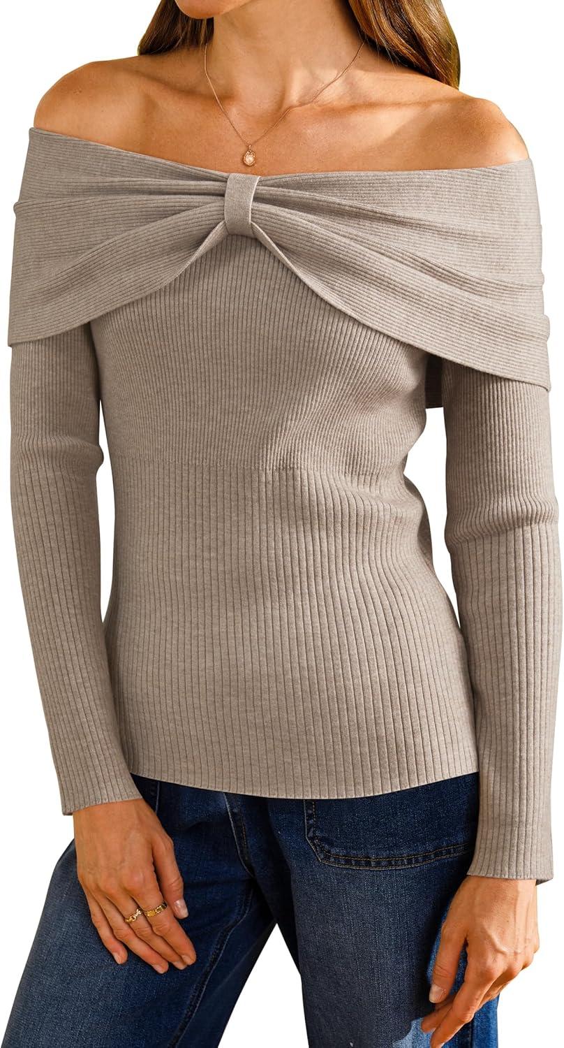 imageArachampampCloz Womens Wool Blend Slim Fit Off The Shoulder Fall Sweater 2025Oatmeal Coffee