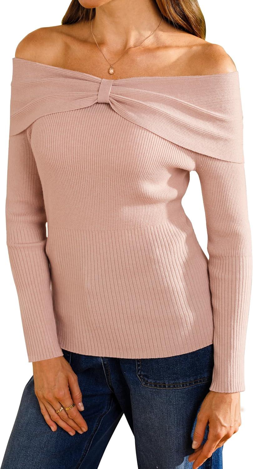 imageArachampampCloz Womens Wool Blend Slim Fit Off The Shoulder Fall Sweater 2025Pale Pink
