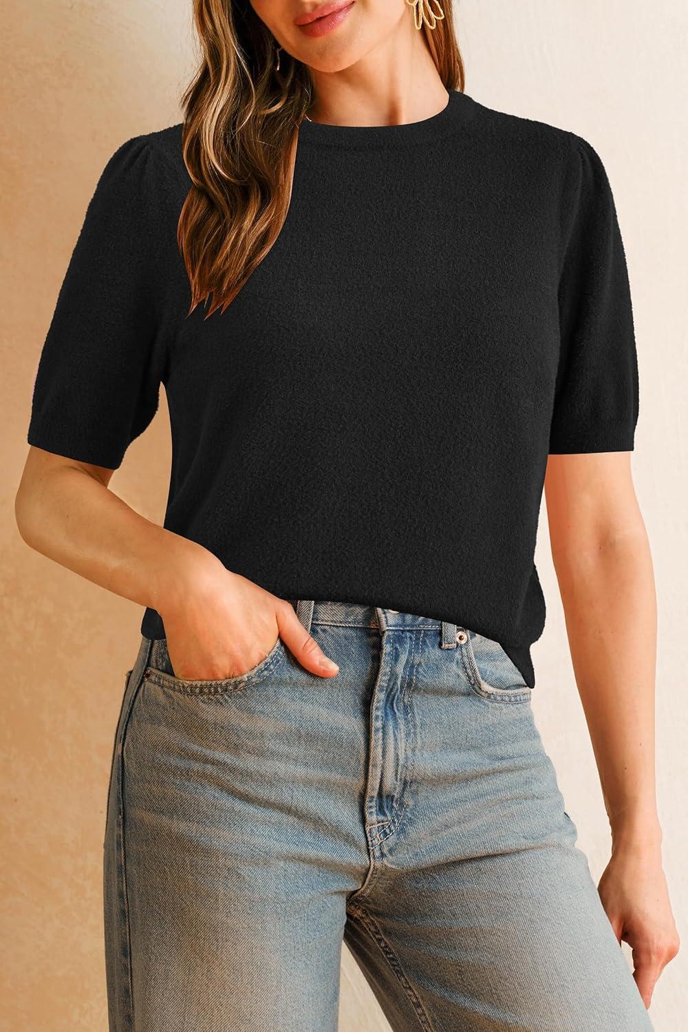 imageArachampampCloz Womens Wool Blend Soft Fuzzy Puff Sleeve Cute Casual Fall Sweaters 2025Black