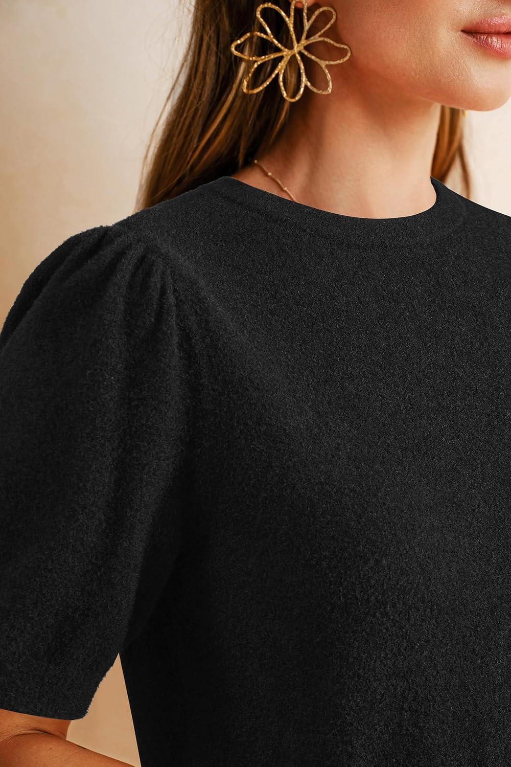 imageArachampampCloz Womens Wool Blend Soft Fuzzy Puff Sleeve Cute Casual Fall Sweaters 2025Black