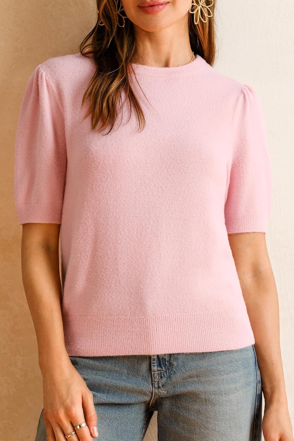imageArachampampCloz Womens Wool Blend Soft Fuzzy Puff Sleeve Cute Casual Fall Sweaters 2025Light Pink