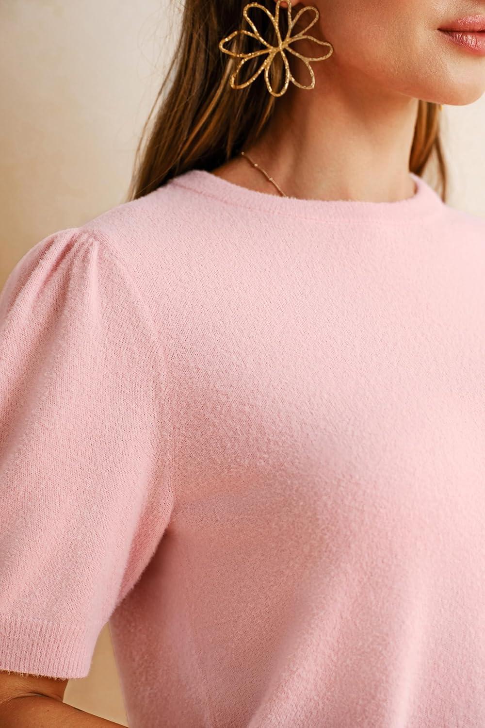 imageArachampampCloz Womens Wool Blend Soft Fuzzy Puff Sleeve Cute Casual Fall Sweaters 2025Light Pink