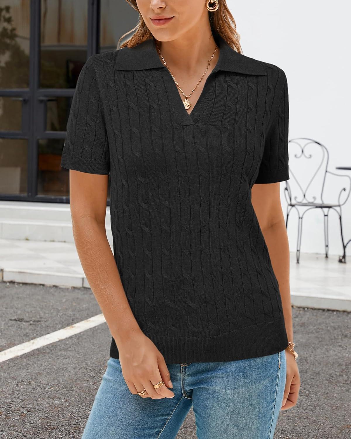 imageArachampampCloz Womens Wool Blend Summer Fall Tops Business Casual Polo Shirts 2025Cable Knitblack