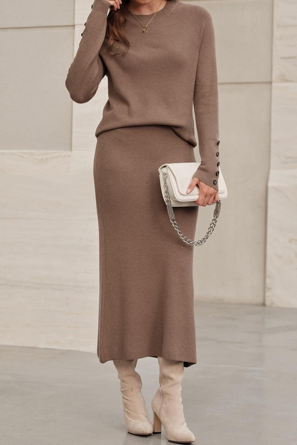 imageArachampampCloz Womens Wool Blend Sweater 2 Piece Sets Winter Business Long Sleeve Top Midi Skirts Outfits 2025Brown