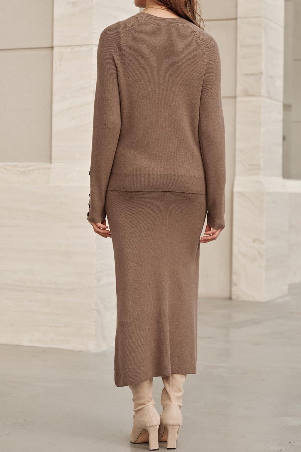 imageArachampampCloz Womens Wool Blend Sweater 2 Piece Sets Winter Business Long Sleeve Top Midi Skirts Outfits 2025Brown