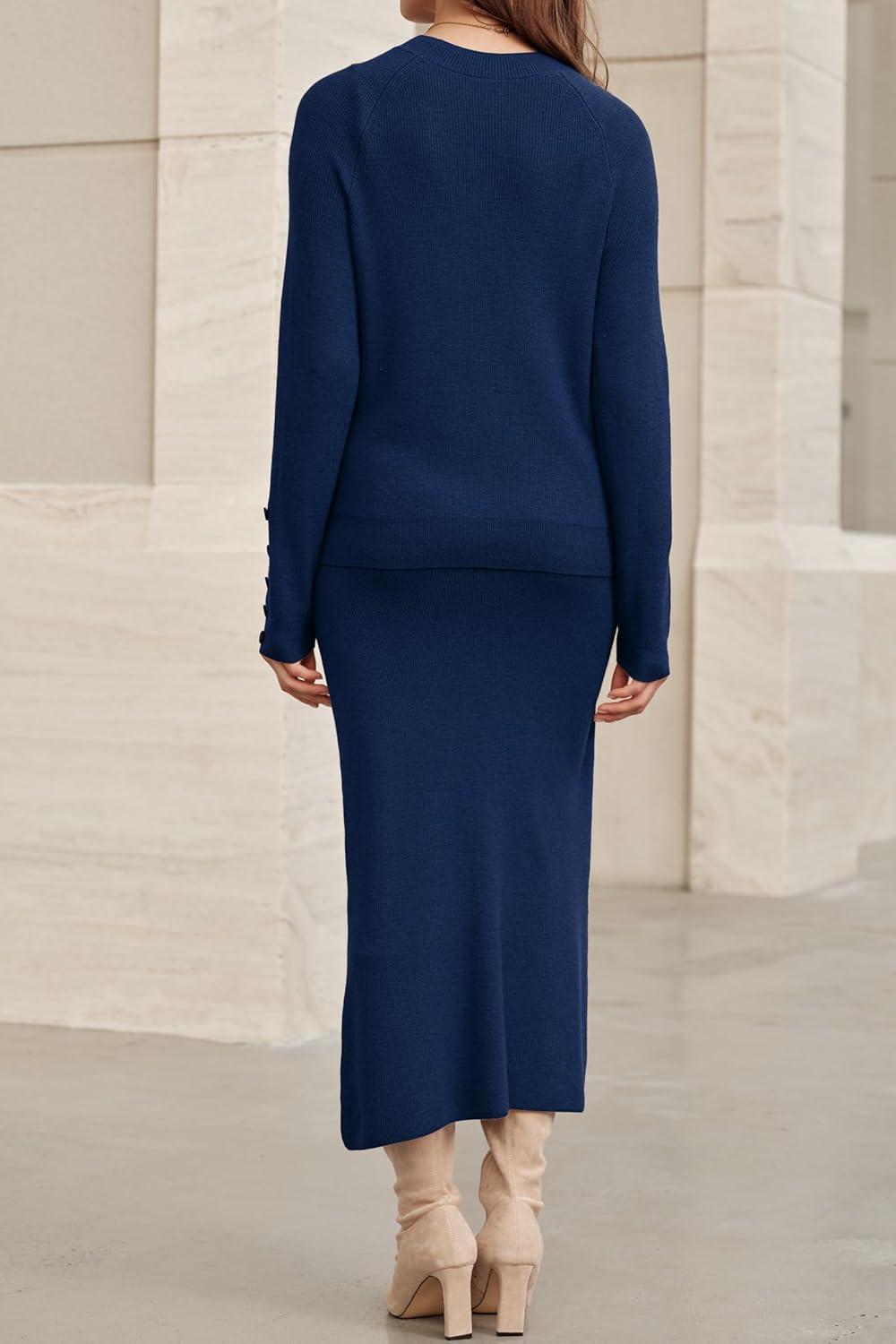 imageArachampampCloz Womens Wool Blend Sweater 2 Piece Sets Winter Business Long Sleeve Top Midi Skirts Outfits 2025Navy