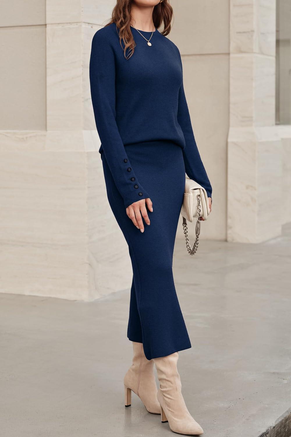 imageArachampampCloz Womens Wool Blend Sweater 2 Piece Sets Winter Business Long Sleeve Top Midi Skirts Outfits 2025Navy