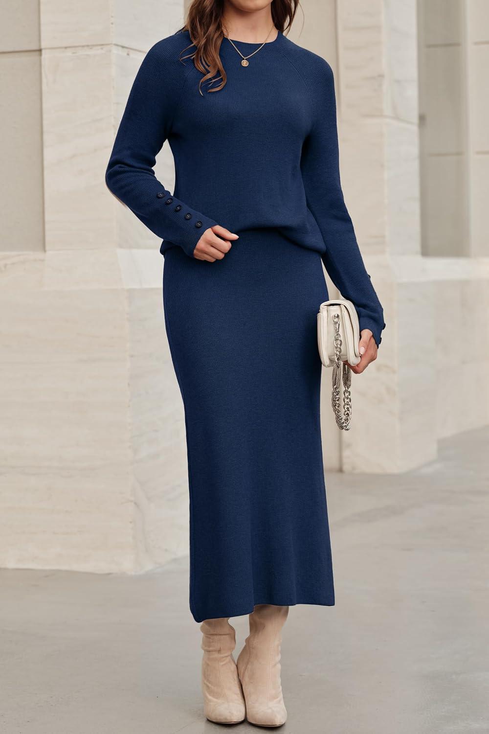 imageArachampampCloz Womens Wool Blend Sweater 2 Piece Sets Winter Business Long Sleeve Top Midi Skirts Outfits 2025Navy