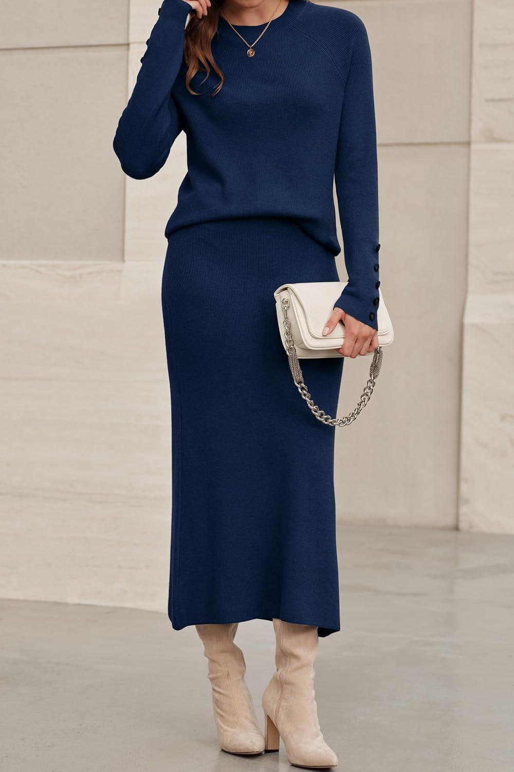 imageArachampampCloz Womens Wool Blend Sweater 2 Piece Sets Winter Business Long Sleeve Top Midi Skirts Outfits 2025Navy