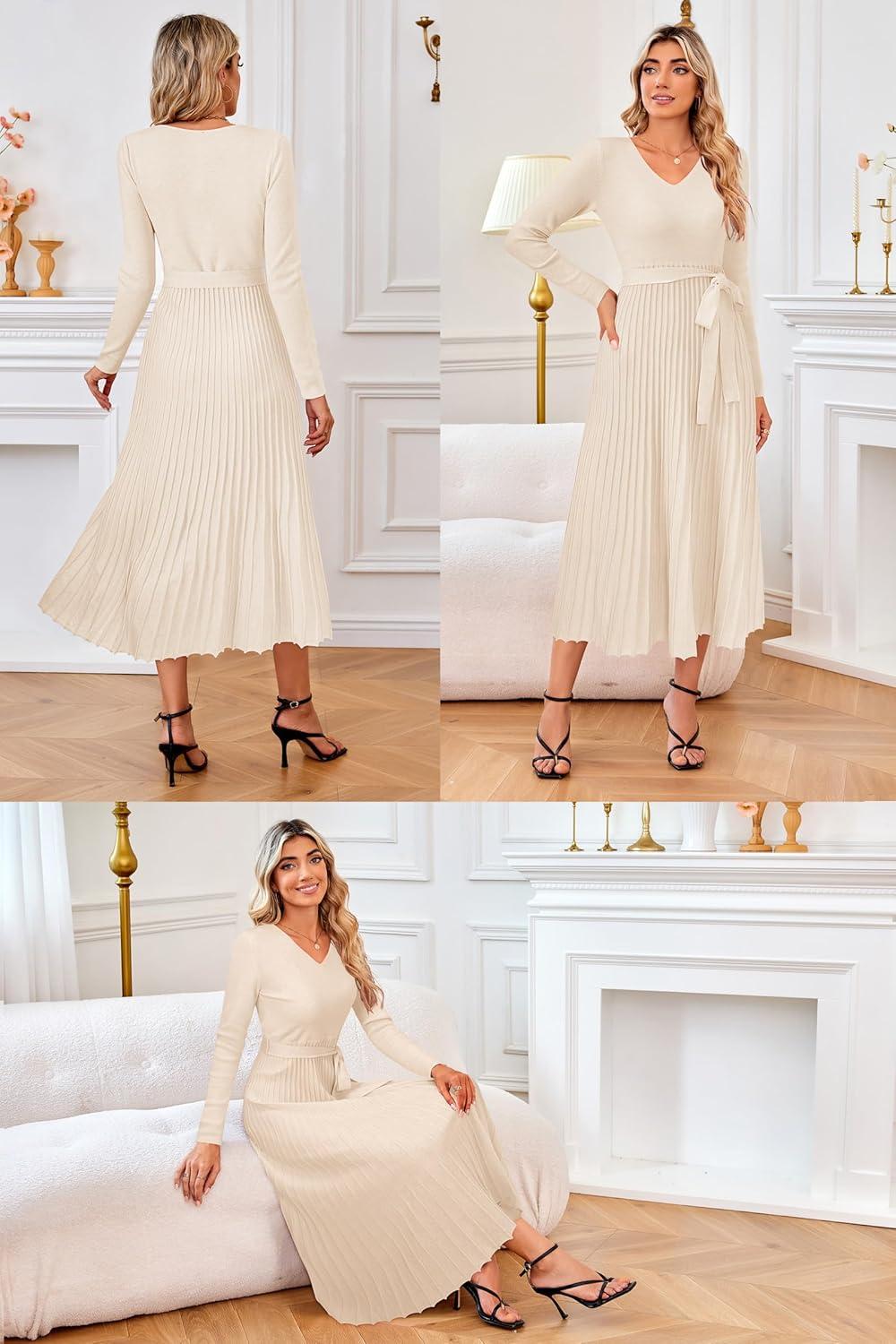 imageArachampampCloz Womens Wool Blend Tie Waist Pleated Fall Sweater Dress 2025Beige