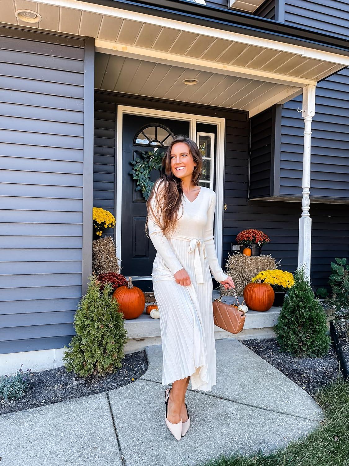 imageArachampampCloz Womens Wool Blend Tie Waist Pleated Fall Sweater Dress 2025Beige