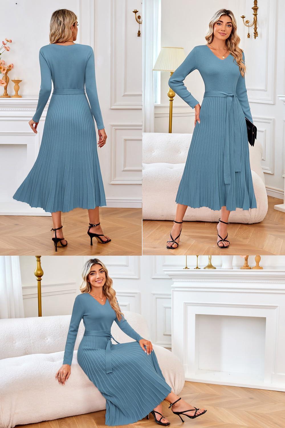 imageArachampampCloz Womens Wool Blend Tie Waist Pleated Fall Sweater Dress 2025Blue