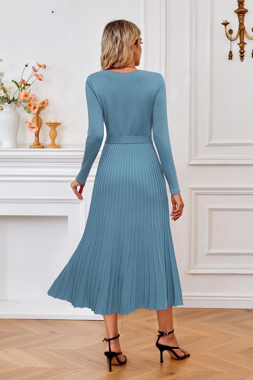 imageArachampampCloz Womens Wool Blend Tie Waist Pleated Fall Sweater Dress 2025Blue