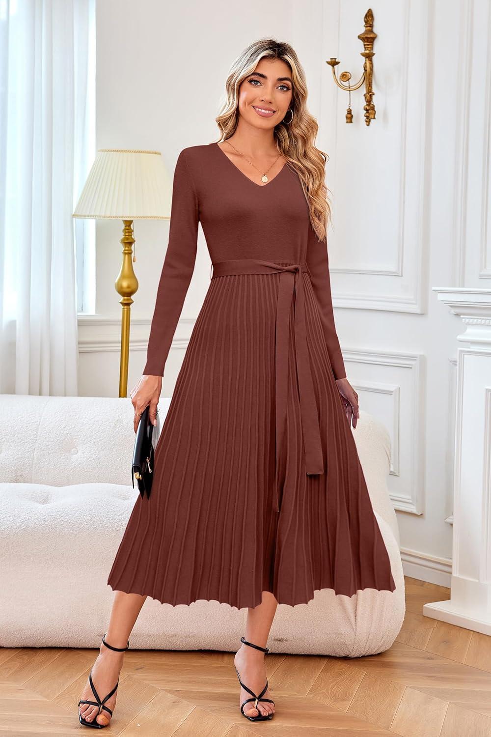 imageArachampampCloz Womens Wool Blend Tie Waist Pleated Fall Sweater Dress 2025Brown Red