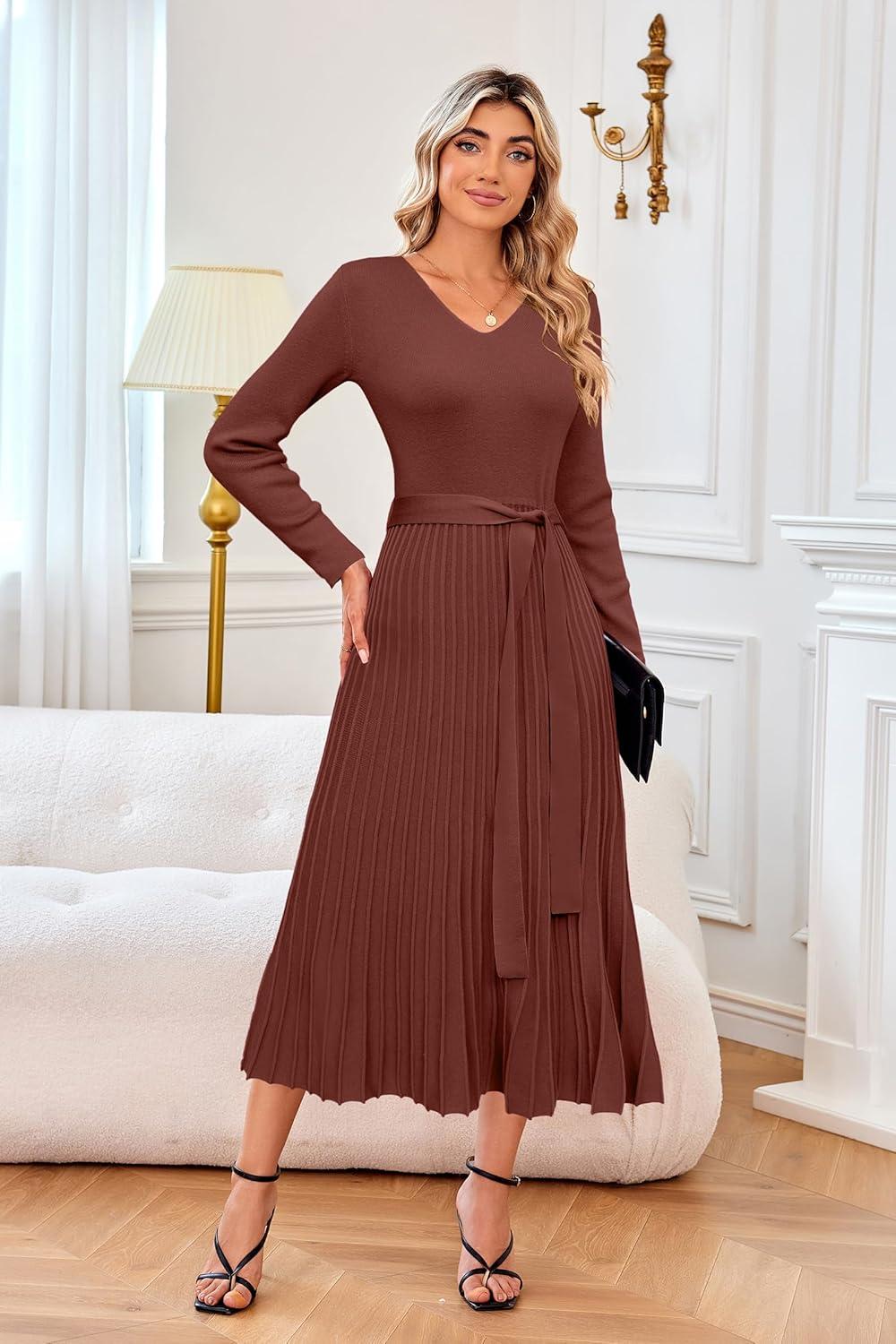 imageArachampampCloz Womens Wool Blend Tie Waist Pleated Fall Sweater Dress 2025Brown Red