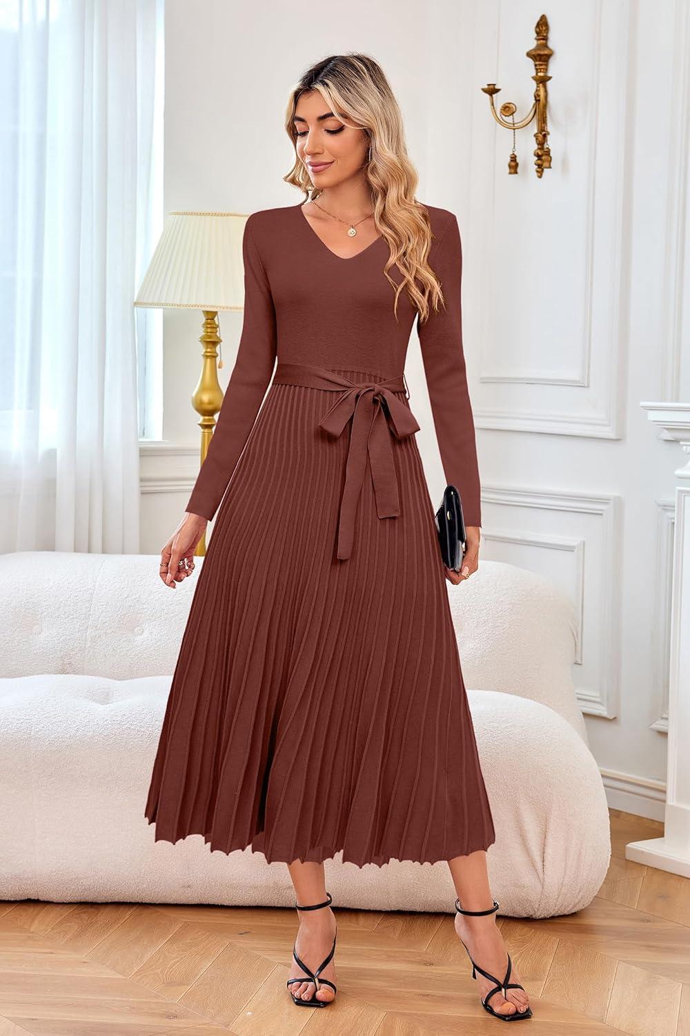 imageArachampampCloz Womens Wool Blend Tie Waist Pleated Fall Sweater Dress 2025Brown Red