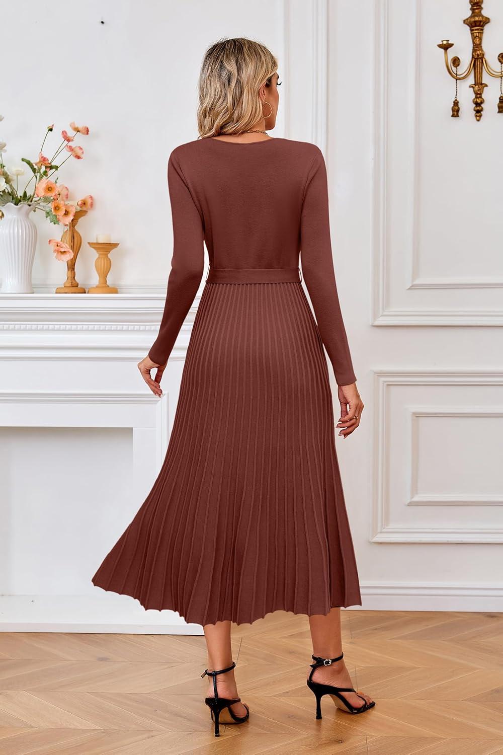 imageArachampampCloz Womens Wool Blend Tie Waist Pleated Fall Sweater Dress 2025Brown Red