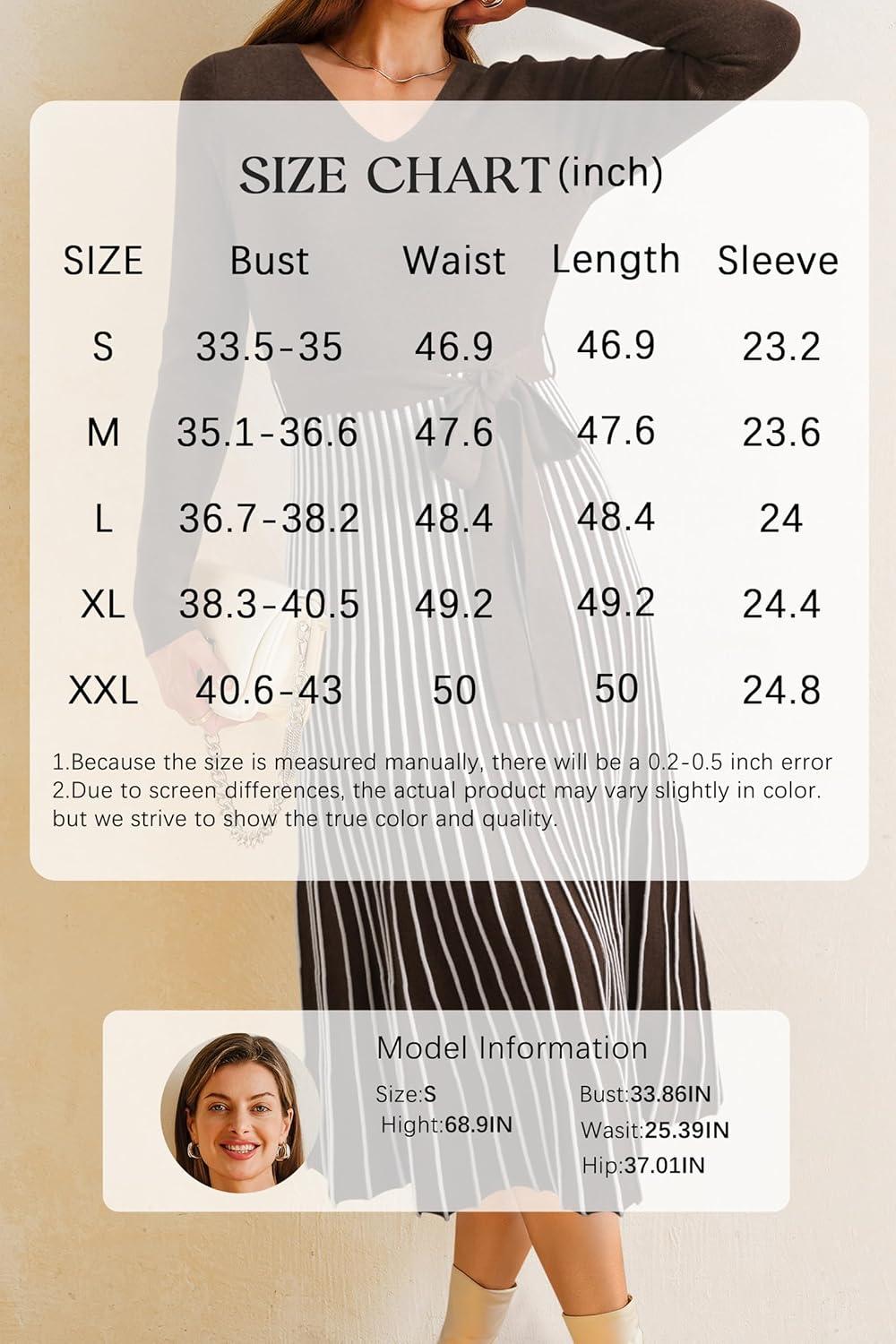 imageArachampampCloz Womens Wool Blend Tie Waist Pleated Fall Sweater Dress 2025Coffeewhite Stripe