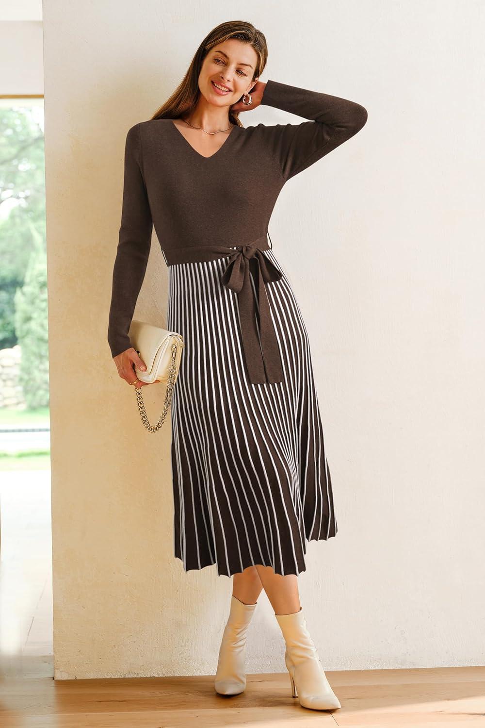 imageArachampampCloz Womens Wool Blend Tie Waist Pleated Fall Sweater Dress 2025Coffeewhite Stripe