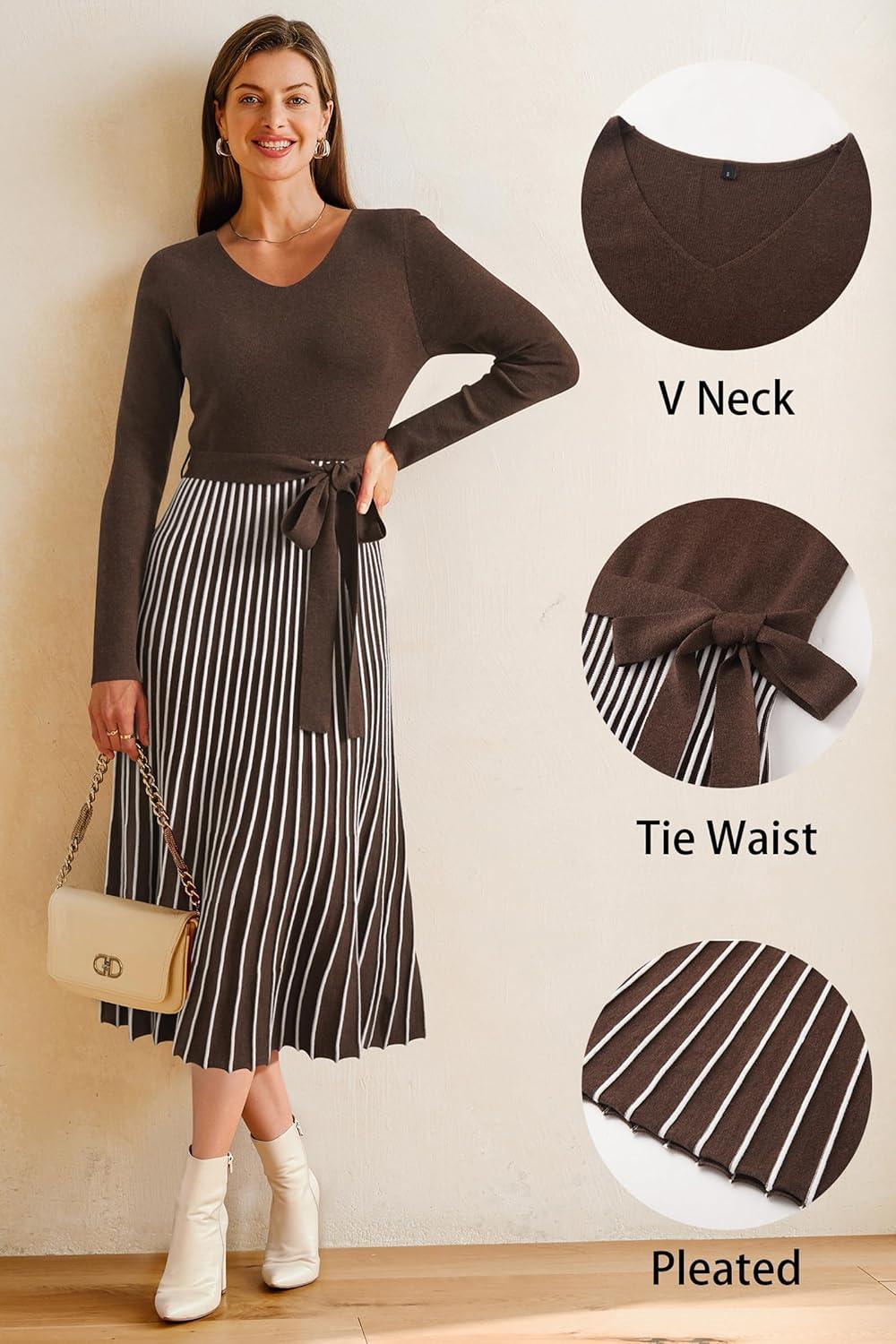 imageArachampampCloz Womens Wool Blend Tie Waist Pleated Fall Sweater Dress 2025Coffeewhite Stripe