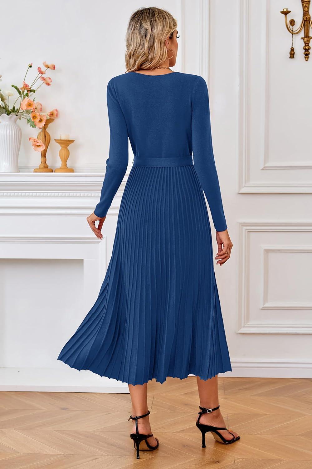 imageArachampampCloz Womens Wool Blend Tie Waist Pleated Fall Sweater Dress 2025Navy