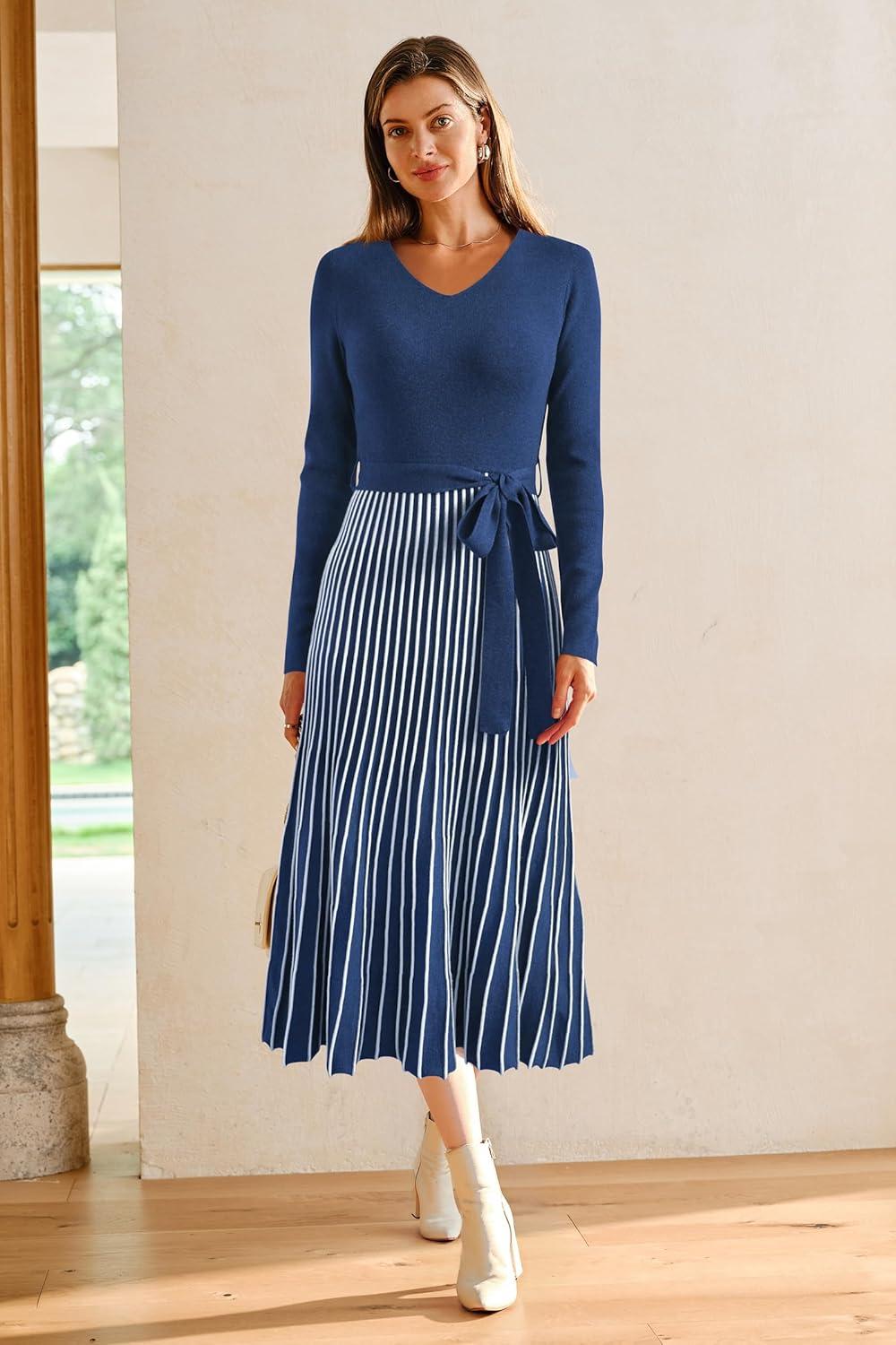 imageArachampampCloz Womens Wool Blend Tie Waist Pleated Fall Sweater Dress 2025Navy Bluewhite Stripe
