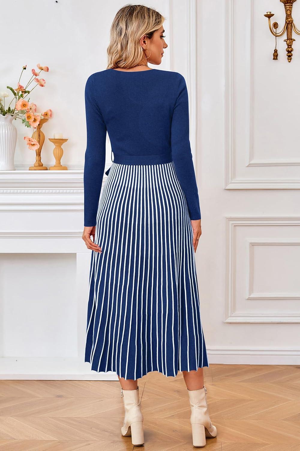 imageArachampampCloz Womens Wool Blend Tie Waist Pleated Fall Sweater Dress 2025Navy Bluewhite Stripe