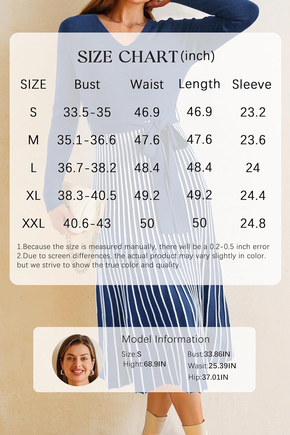 imageArachampampCloz Womens Wool Blend Tie Waist Pleated Fall Sweater Dress 2025Navy Bluewhite Stripe