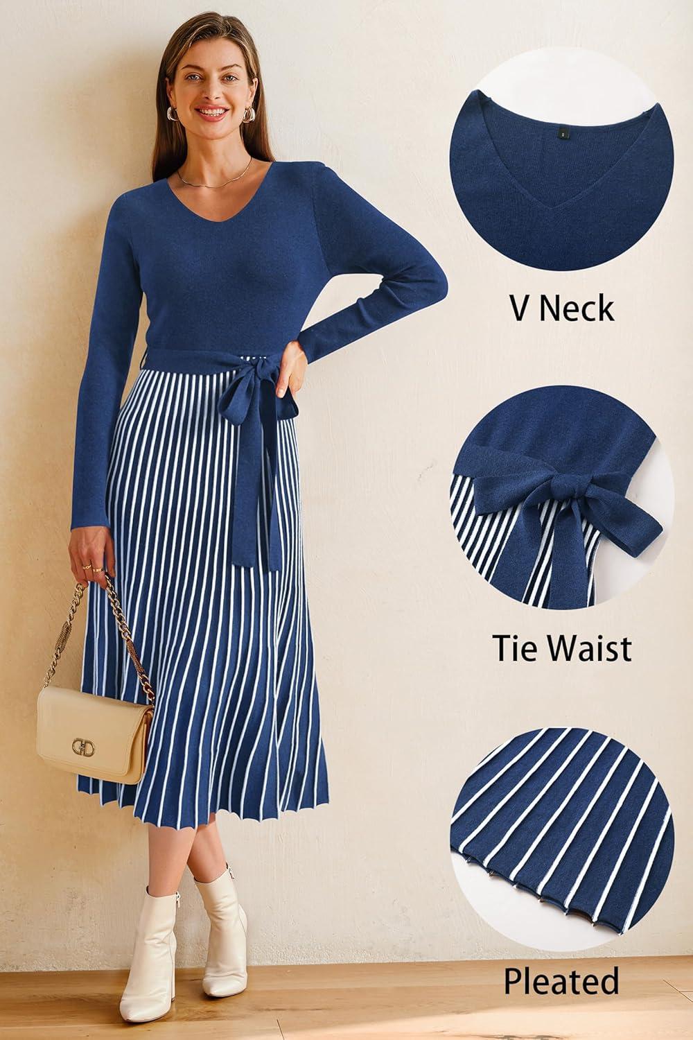 imageArachampampCloz Womens Wool Blend Tie Waist Pleated Fall Sweater Dress 2025Navy Bluewhite Stripe