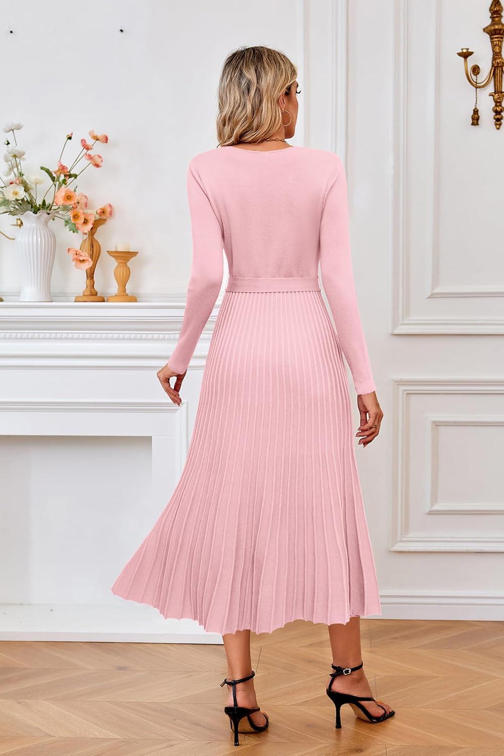 imageArachampampCloz Womens Wool Blend Tie Waist Pleated Fall Sweater Dress 2025Pink