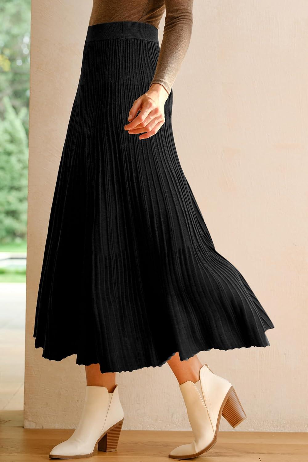 imageArachampampCloz Womens Wool Blend Wide Elastic Band ALine Pleated Flowy Long Skirts 2025Black