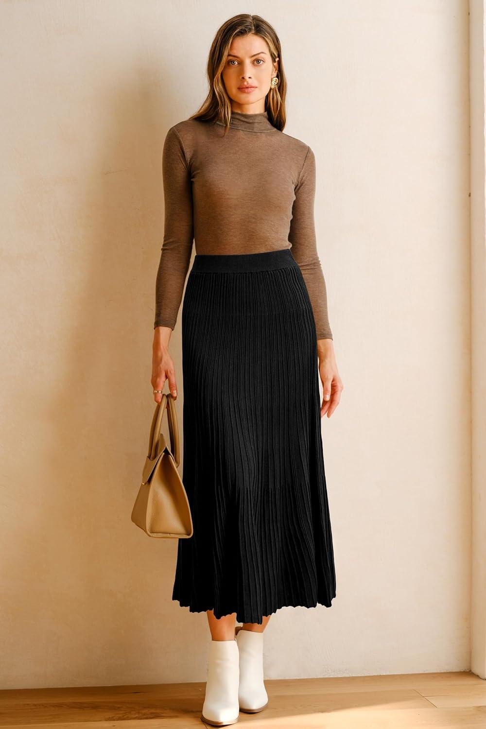 imageArachampampCloz Womens Wool Blend Wide Elastic Band ALine Pleated Flowy Long Skirts 2025Black