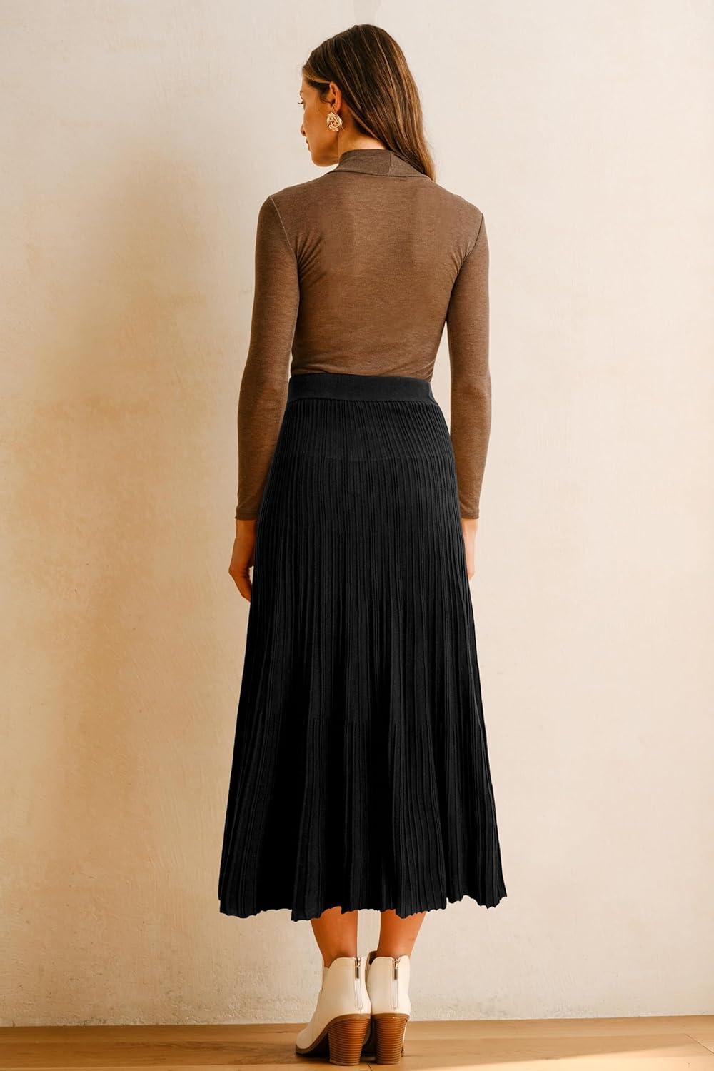 imageArachampampCloz Womens Wool Blend Wide Elastic Band ALine Pleated Flowy Long Skirts 2025Black