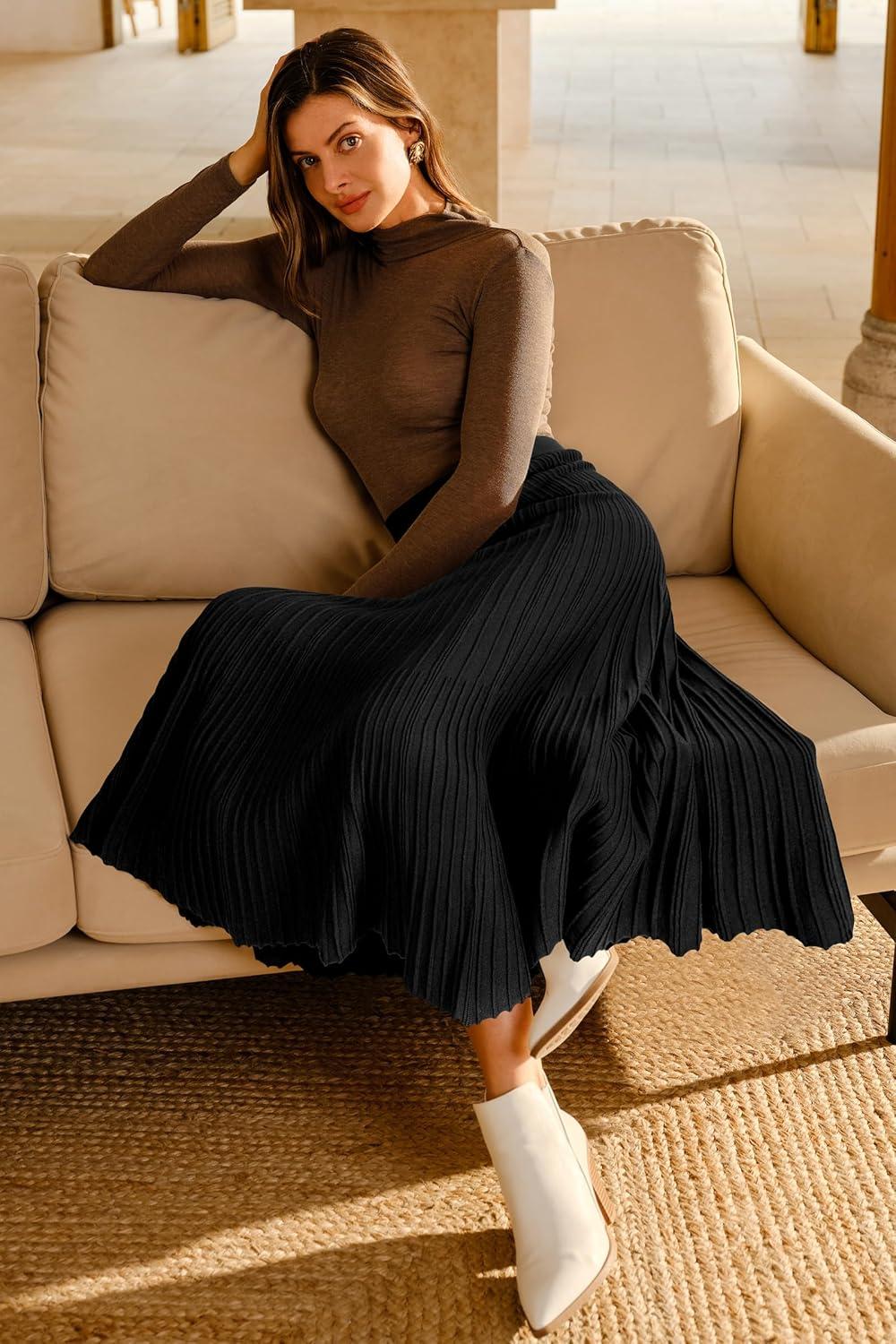 imageArachampampCloz Womens Wool Blend Wide Elastic Band ALine Pleated Flowy Long Skirts 2025Black