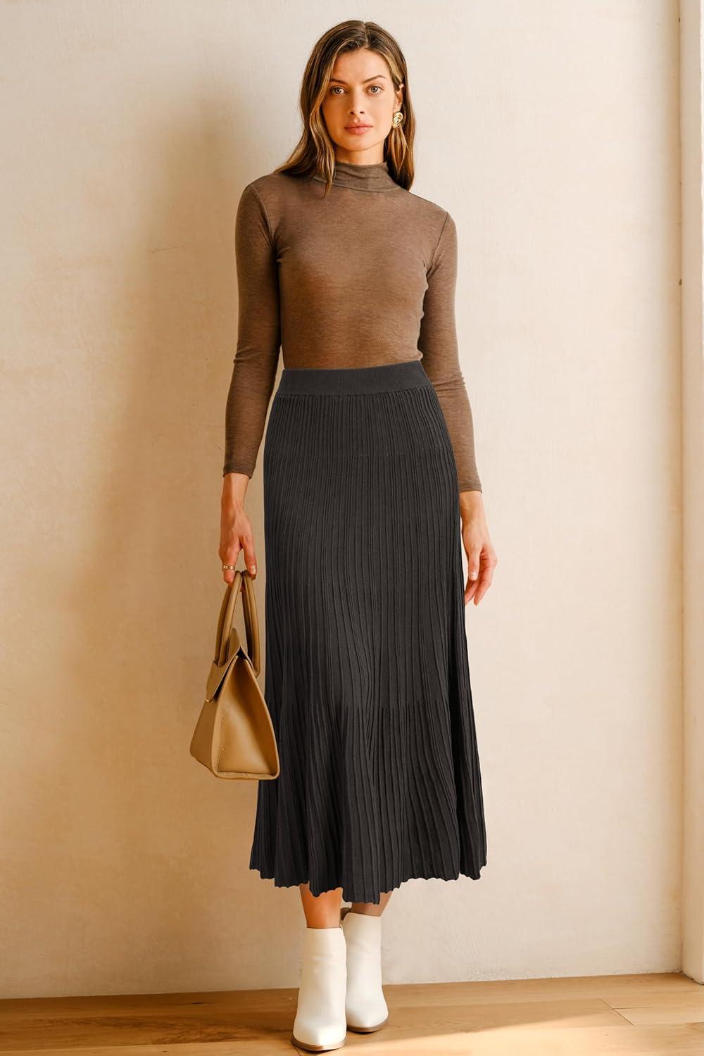 imageArachampampCloz Womens Wool Blend Wide Elastic Band ALine Pleated Flowy Long Skirts 2025Brown