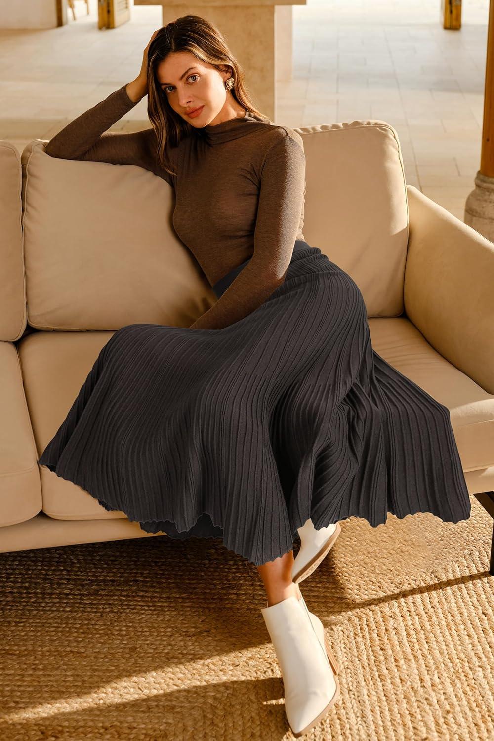 imageArachampampCloz Womens Wool Blend Wide Elastic Band ALine Pleated Flowy Long Skirts 2025Brown