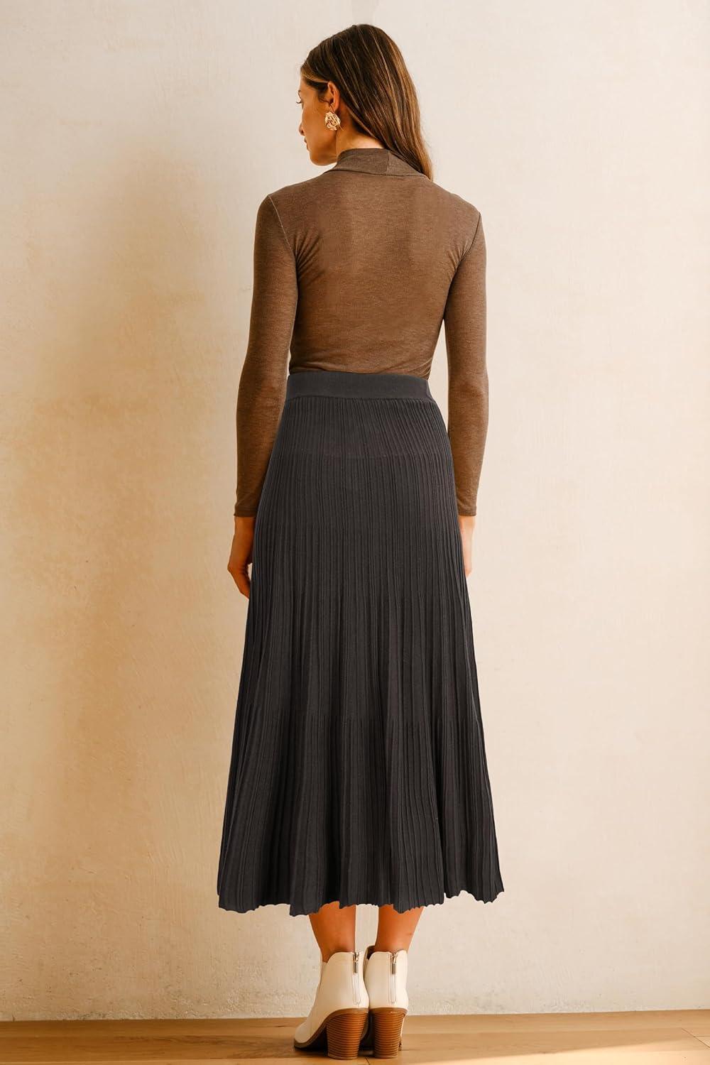 imageArachampampCloz Womens Wool Blend Wide Elastic Band ALine Pleated Flowy Long Skirts 2025Brown