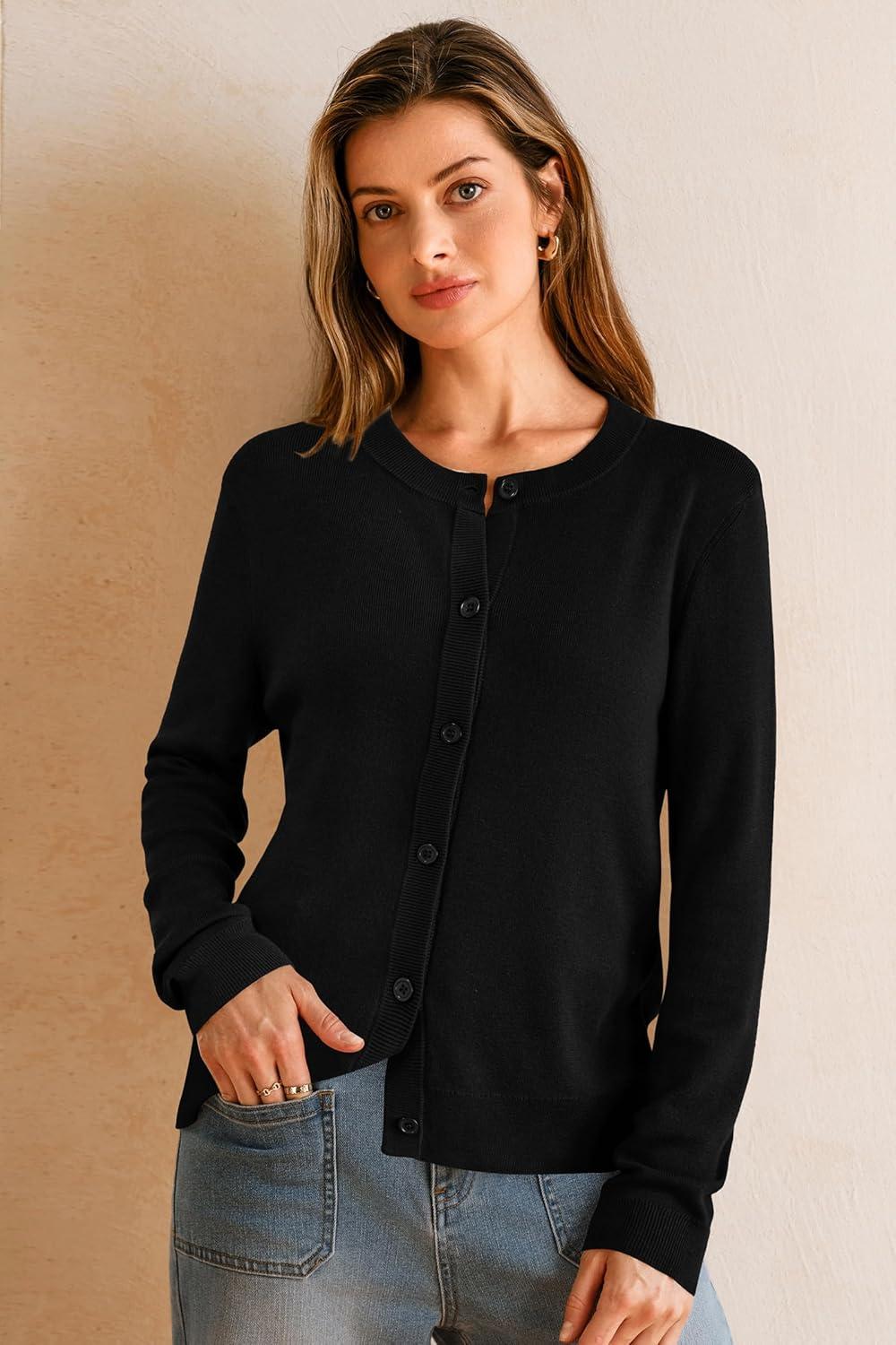 imageArachampampCloz Womens Wool Blended 2025 Fall Cardigan Sweaters Lightweight Long Sleeve Business Casual Outfits TopBlack