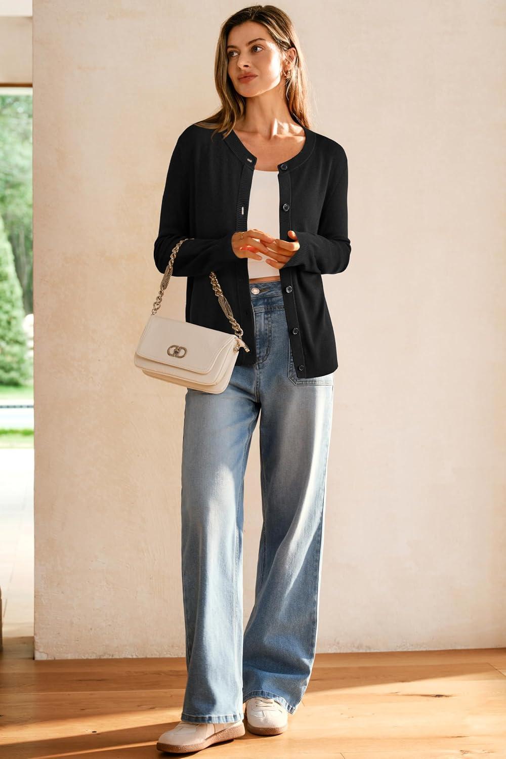 imageArachampampCloz Womens Wool Blended 2025 Fall Cardigan Sweaters Lightweight Long Sleeve Business Casual Outfits TopBlack