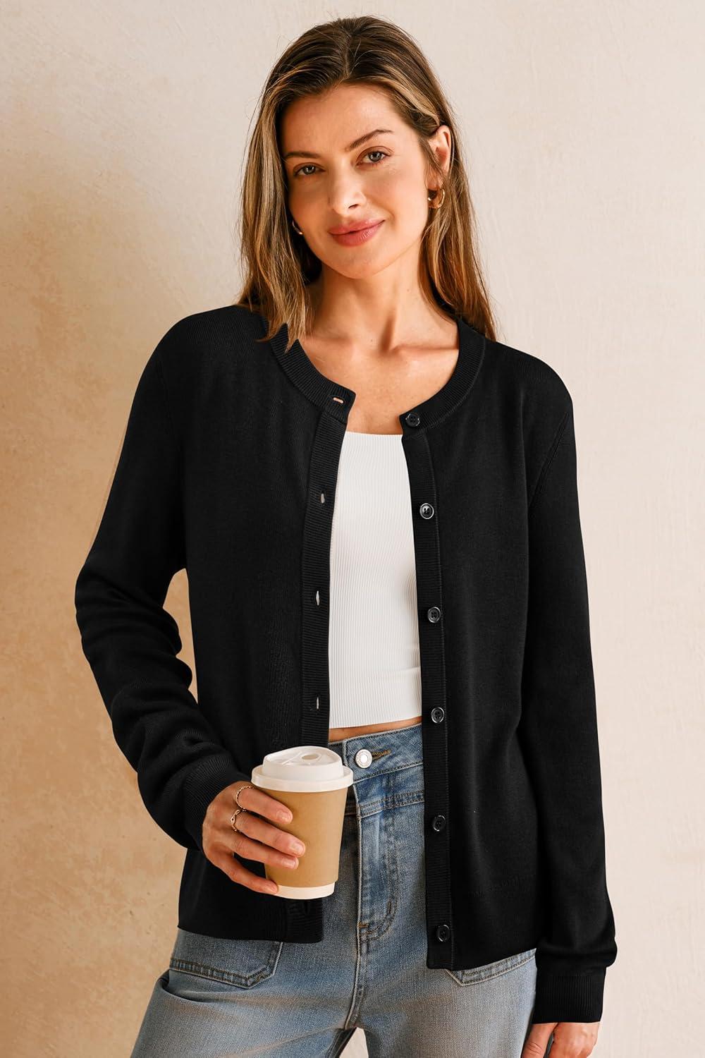 imageArachampampCloz Womens Wool Blended 2025 Fall Cardigan Sweaters Lightweight Long Sleeve Business Casual Outfits TopBlack