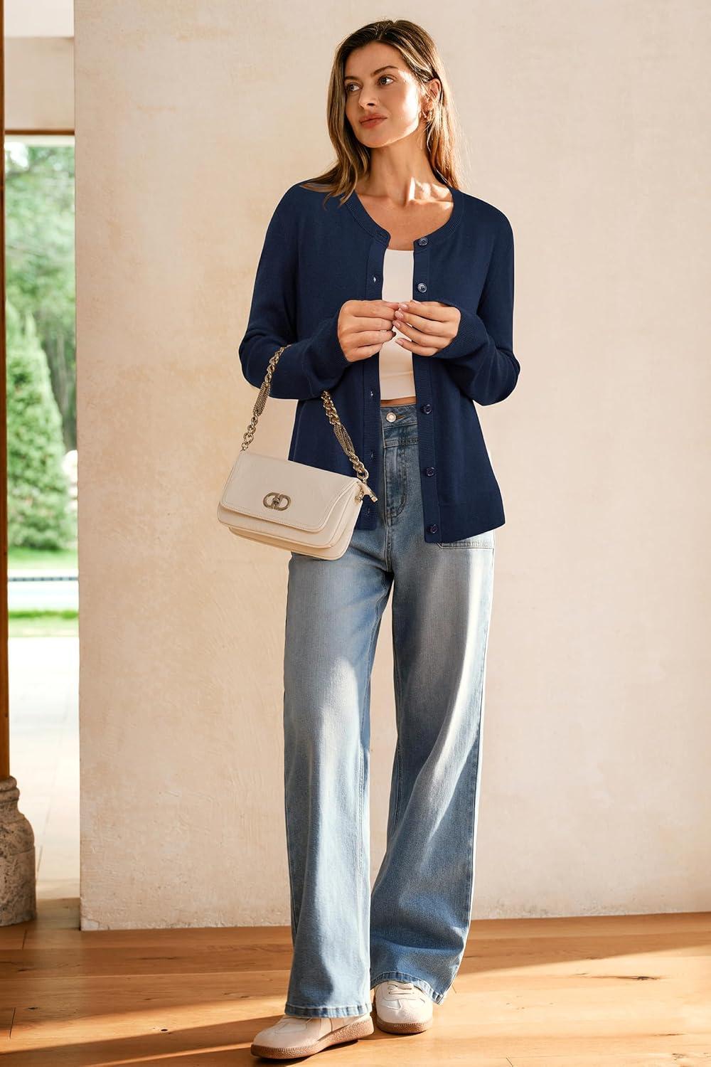 imageArachampampCloz Womens Wool Blended 2025 Fall Cardigan Sweaters Lightweight Long Sleeve Business Casual Outfits TopNavy